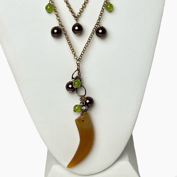 Necklace Horn Pendant Acrylic Brown Green Beads 2-Strand Chain Gold Tone Boho - Picture 3 of 11